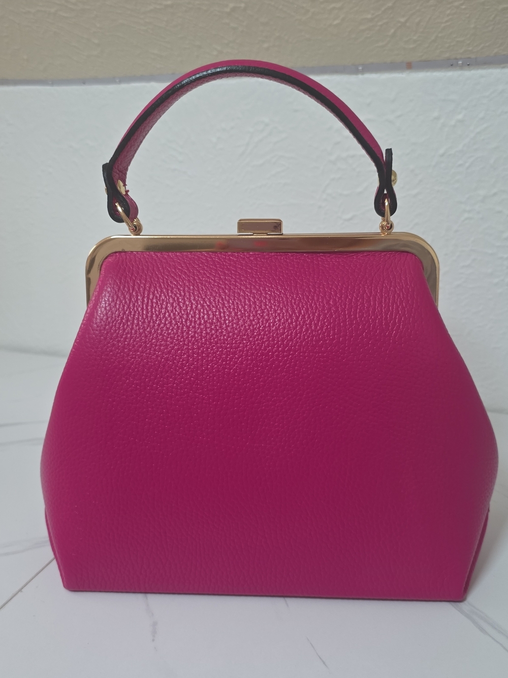 Persaman New York Pink Pebble Leather Frame Top Handle Bag